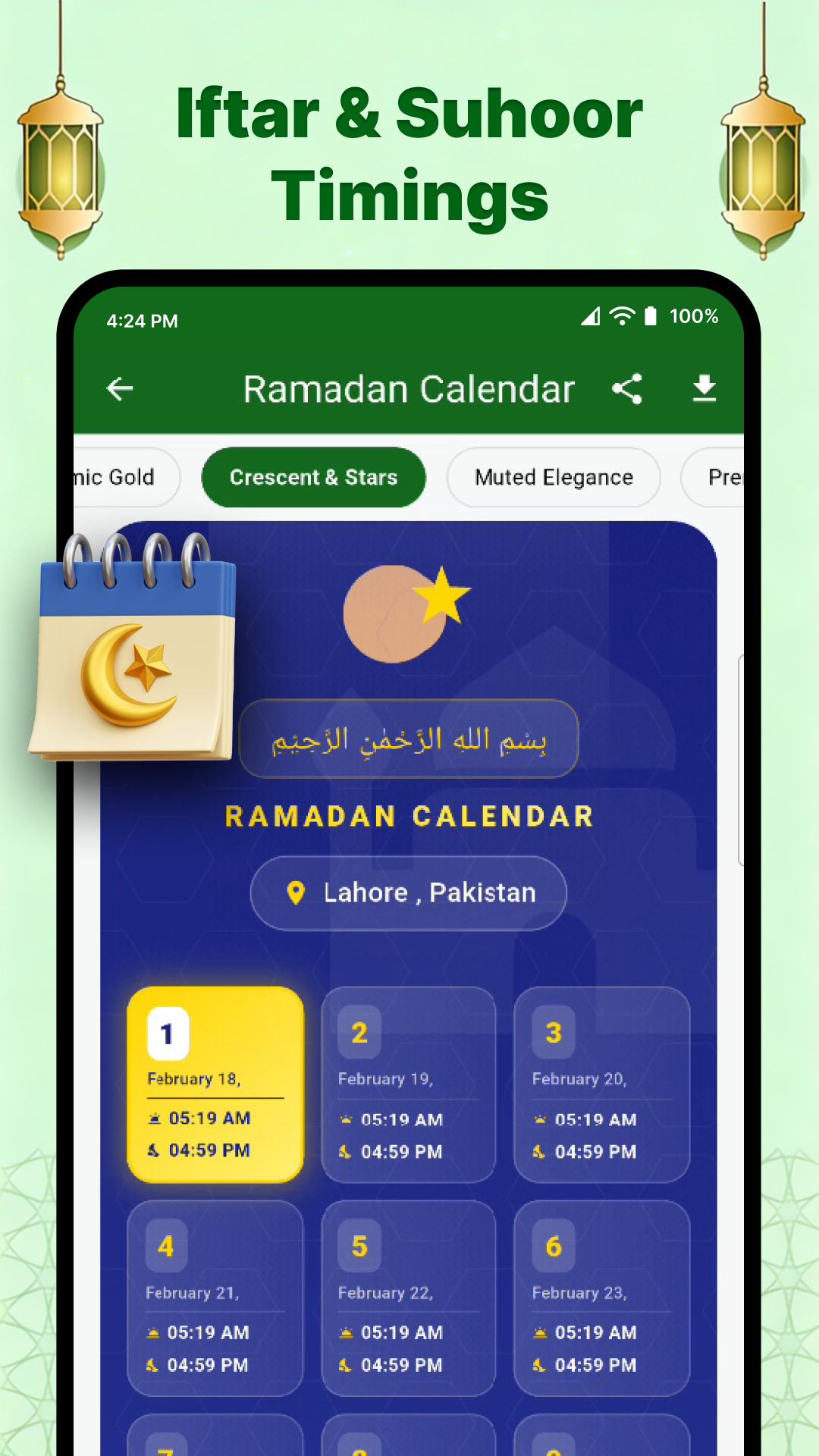 Ramadan 2026 calendar view displaying Sehri and Iftar timings for the holy month
